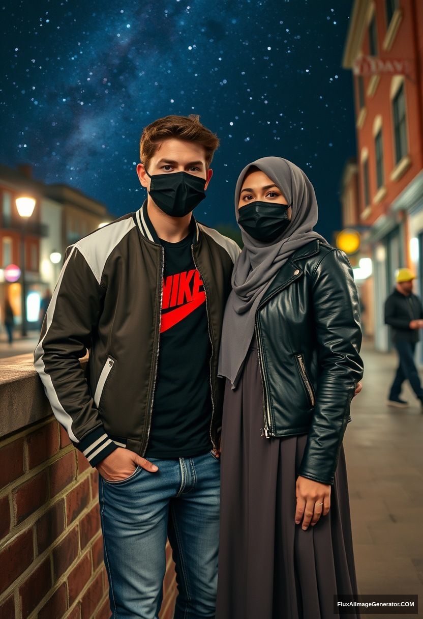 Jamie Dornan, youngest, black face mask, collage jacket, Nike t-shirt, jeans, tall man, fit body,

Dating, love with the biggest grey hijab Muslim girl, beautiful eyes, black face mask, leather jacket, biggest longest skirt, not tall girl,

standing at a brick wall, in town, night scenery, Milky Way, hyper-realistic, photo-realistic, street photography. - Image