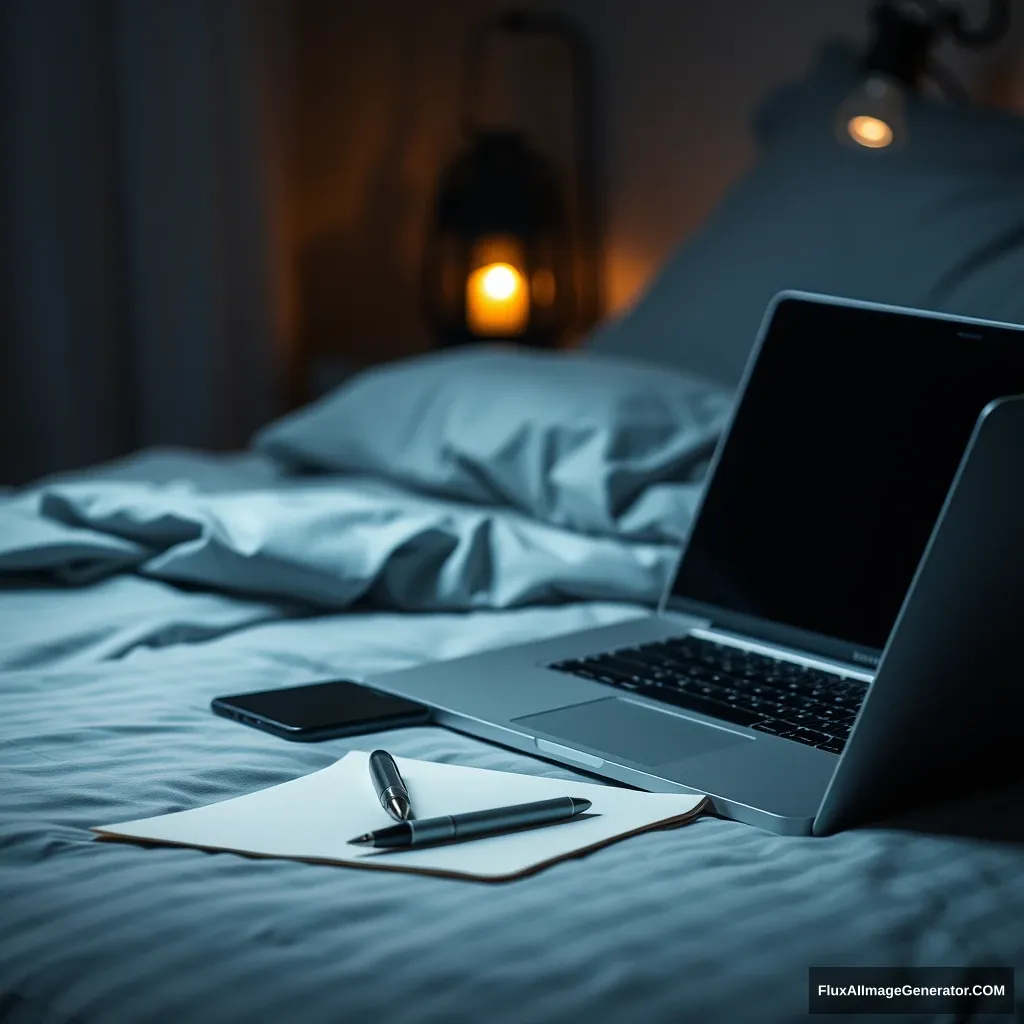 On a laptop, notebook, a pen, phone, on the bed, hyper-realistic, studio photography, lantern light, gloomy.