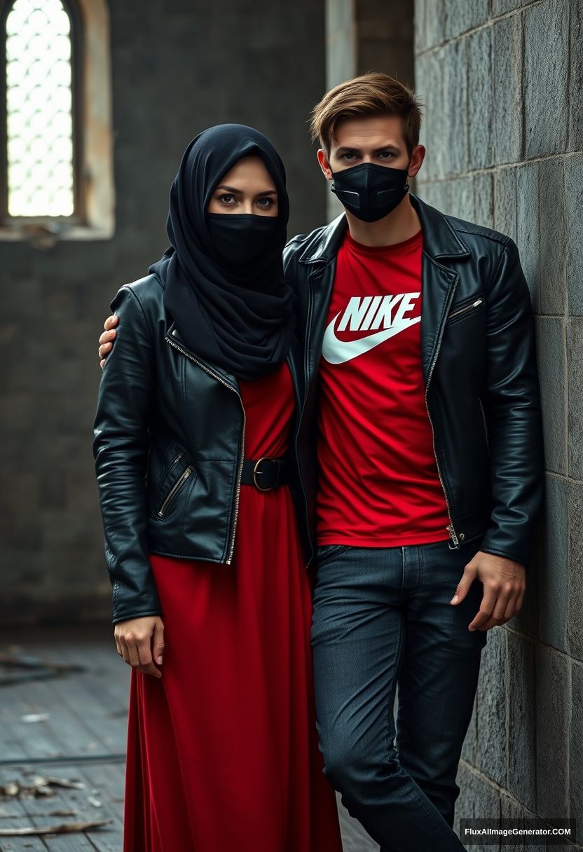 A large black hijab girl, beautiful eyes, black face mask, black leather jacket, long red dress, not tall,

Jamie Dornan, handsome, black face mask, fit and tough body, red Nike t-shirt, black leather jacket, jeans, tall man, leaning against the wall together.

Hyper-realistic, photorealistic, studio photography, Victoria's abandoned castle, gloomy, dark.