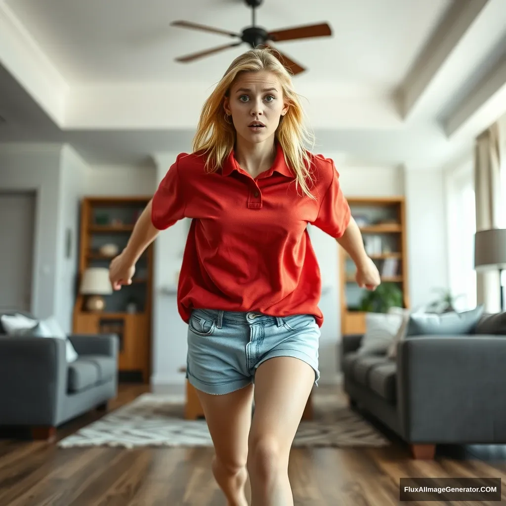 Front view of a blonde skinny woman in her early twenties in her massive living room, wearing a massively oversized red polo t-shirt that is quite off-balance on one of her shoulders. The bottom part of her t-shirt is also untucked, and she is wearing light blue denim shorts without shoes or socks. She faces the camera with a scared expression and runs towards it with both arms straight down.