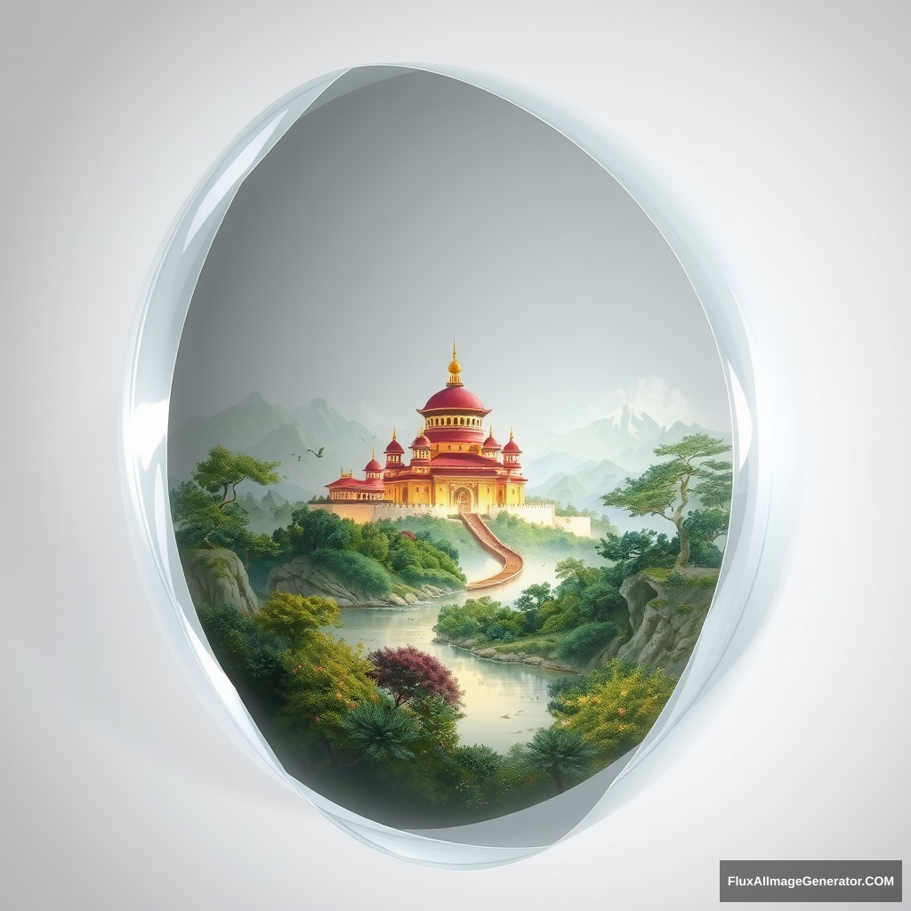 A piece of transparent film with a thickness that is straight and winding. There is a palace (landscape painting) inside, emitting light effects, transparent and gorgeous.