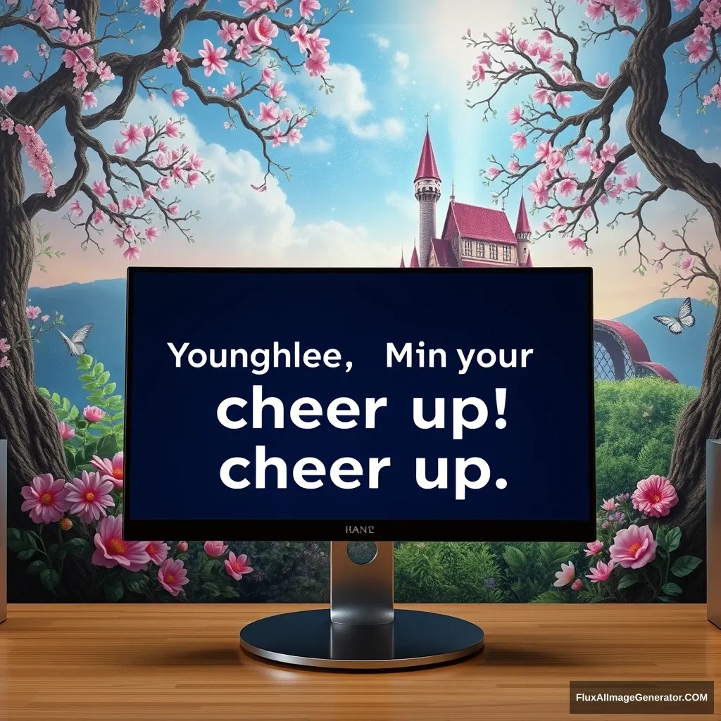 A monitor with a beautiful fairy tale background, and the words inside it. Younghee, Minjoo, JinYoung, cheer up! Place the text to match the background picture. - Image