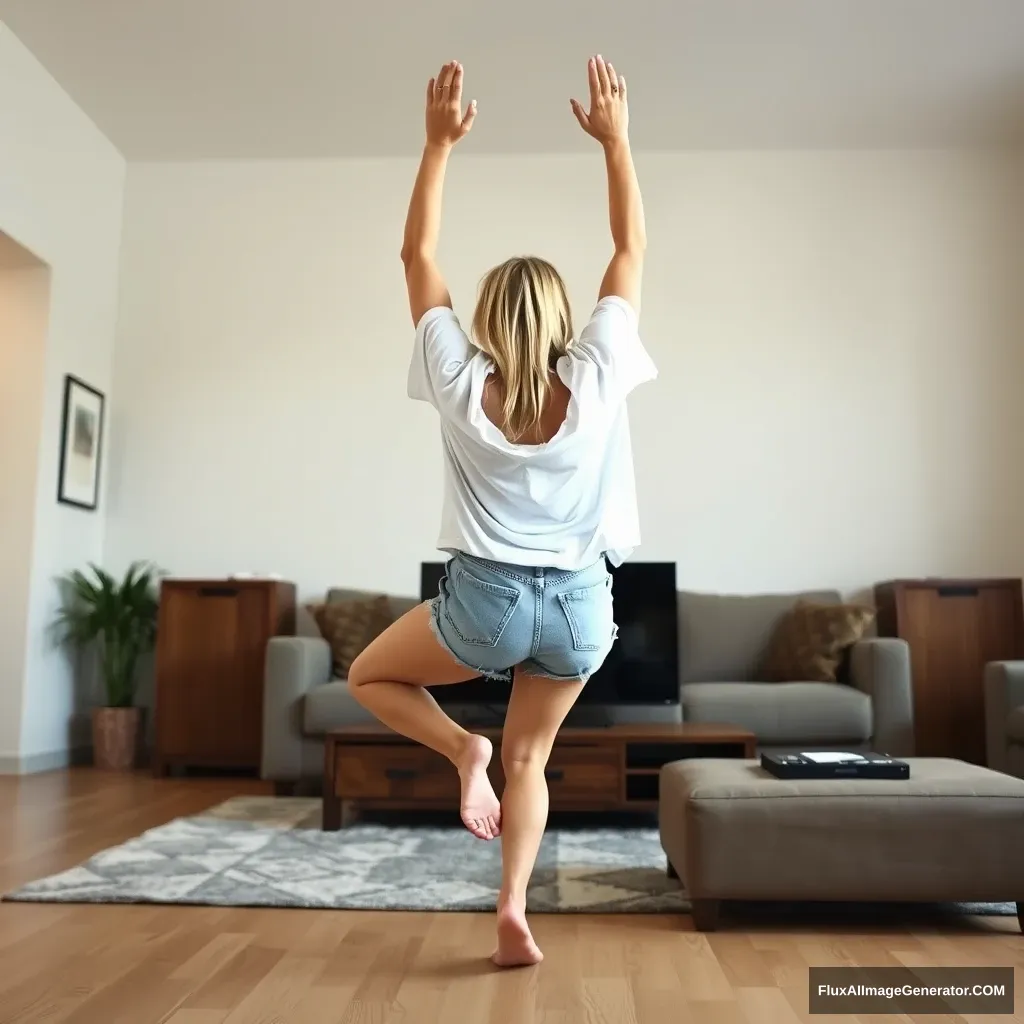 Side view angle of a skinny blonde woman in her large living room, wearing a massively oversized white t-shirt that hangs unevenly on one shoulder, paired with oversized light blue denim shorts. She is barefoot and facing her TV, diving headfirst into it with both arms raised below her head and her legs high up in the air, positioned at a 60-degree angle.