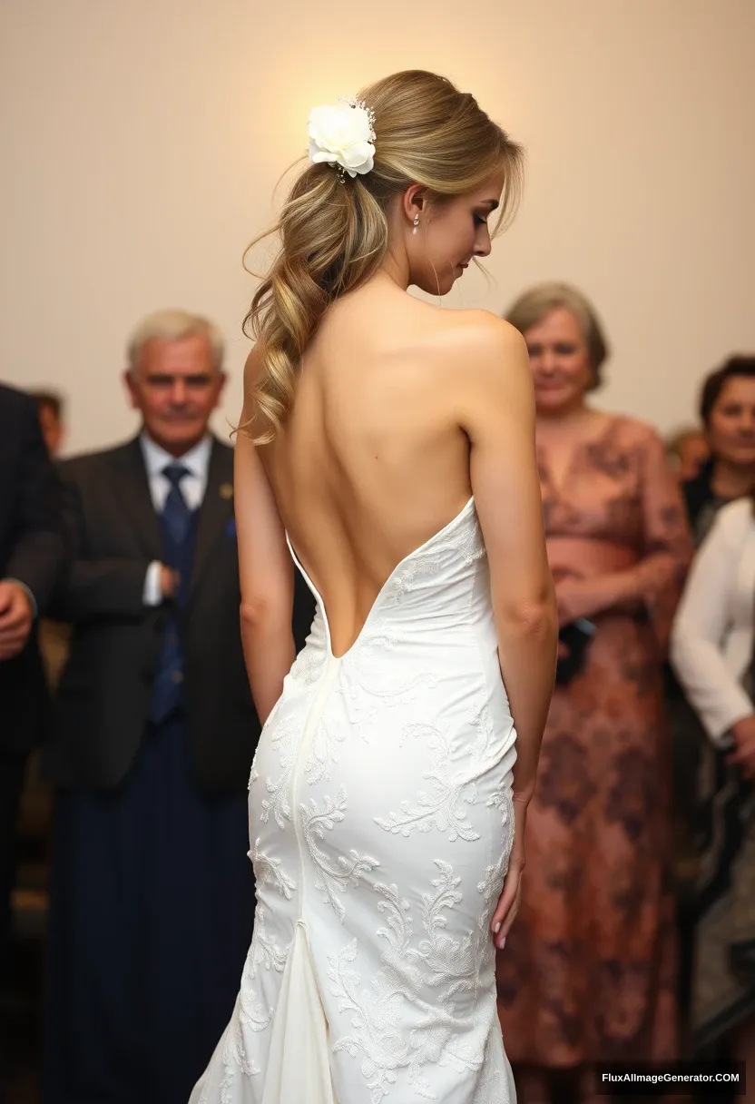 A short young woman, sensitive, delicate, ashamed, wearing a backless, strapless, side-less, low-waisted, open-back contouring wedding dress that's starting to come undone, in front of elder patriarchy, expectations. - Image