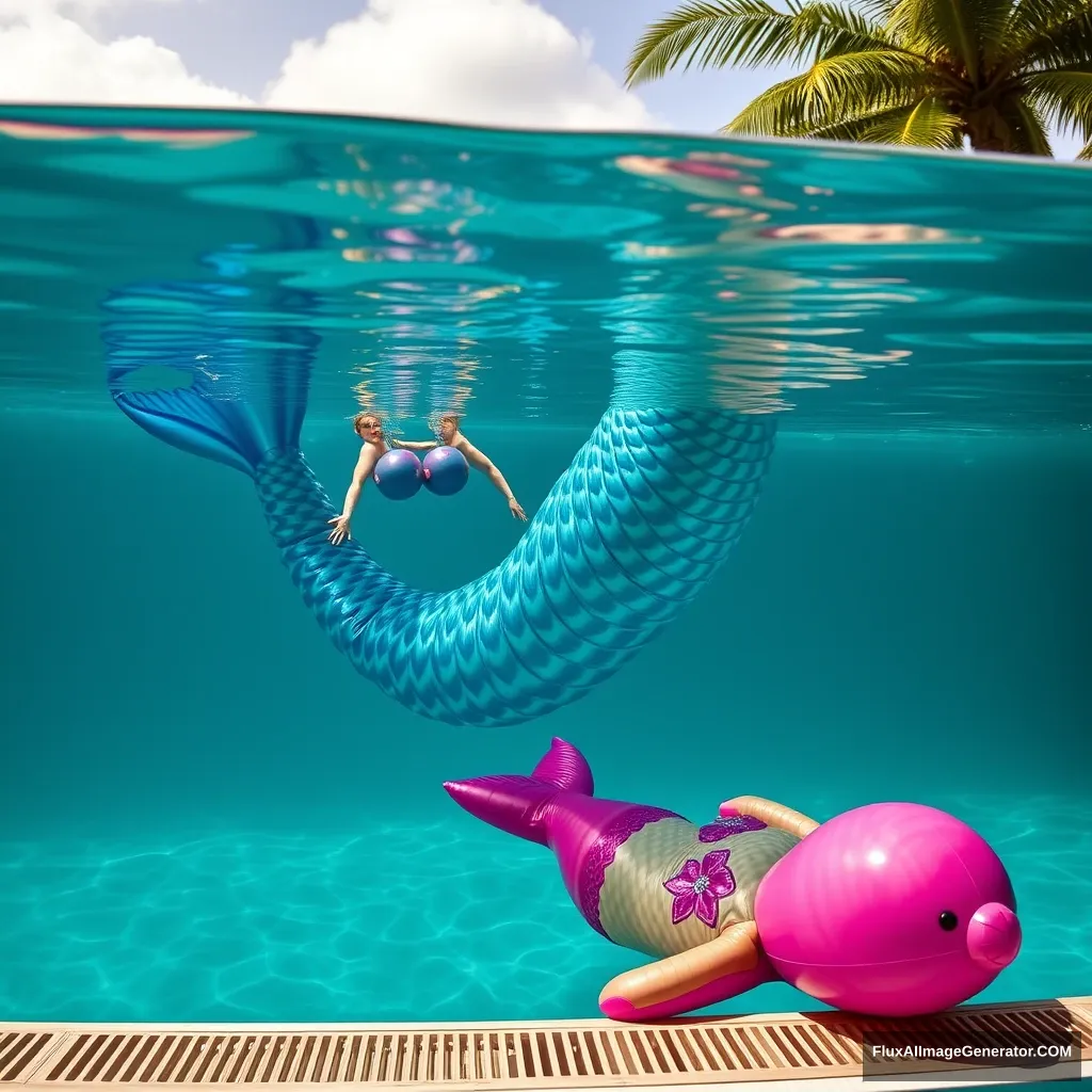 Photograph two of five of a sequence clearly depicting a glamour model panicking and freaking out as she is turned into an inflatable mermaid pool toy.