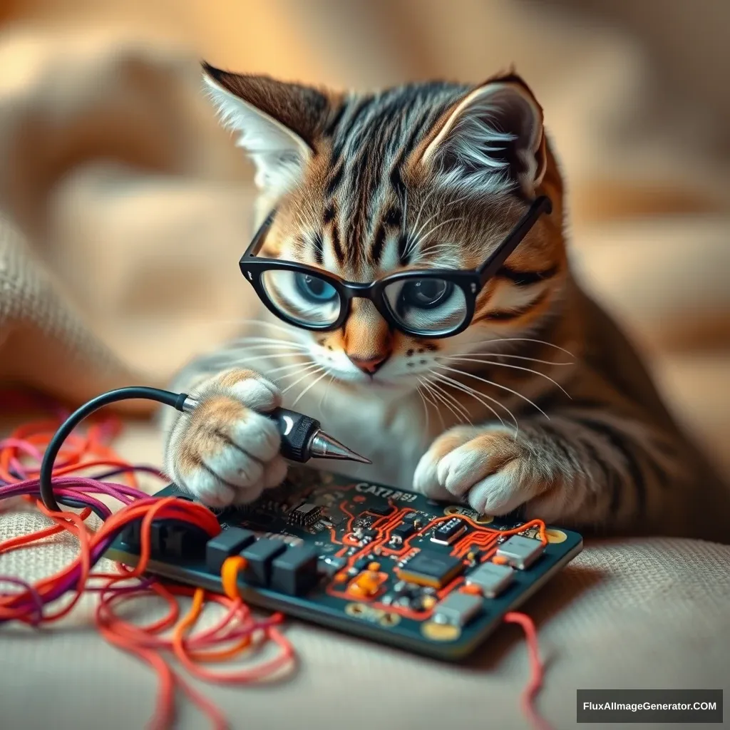 A mischievous tabby cat, wearing tiny spectacles, meticulously solders a circuit board with a miniature iron. Vibrant threads weave intricate patterns, mimicking electronic pathways. Soft fabric backdrop, warm lighting. Delicate French knots form components. Style: Hyper-realistic embroidery art, blending traditional craftsmanship with modern technology.