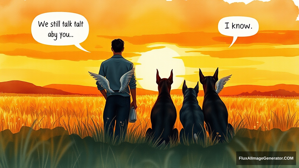 watercolor illustration: male figure in meadow at golden hour, silhouetted against vibrant sunset sky. 3 Winged canine doberman companions sat beside. facing away from the viewer, Speech bubbles float above: "We still talk about you" (person), "I know" (dog). Nostalgic atmosphere, brushstrokes convey wistful longing. Warm palette, dreamy textures. - Image