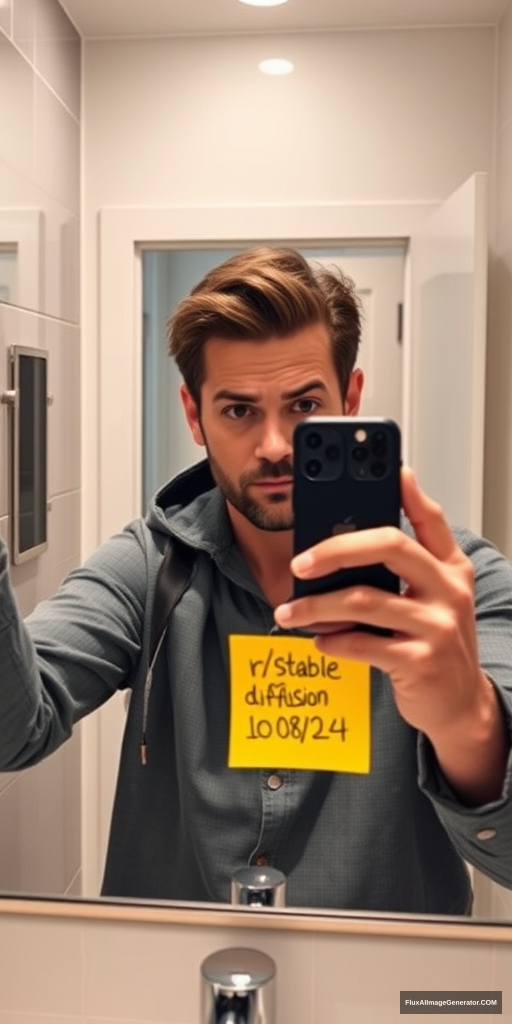 Man in a meticulously detailed bathroom, capturing a mirror selfie with the latest iPhone. He's holding a vibrant yellow post-it note displaying "r/stablediffusion" and "10/08/24". Hyper-realistic style with precise lighting, reflections, and textures. Verification-style composition, natural color palette. Subtle tension in expression, modern tech-savvy atmosphere.