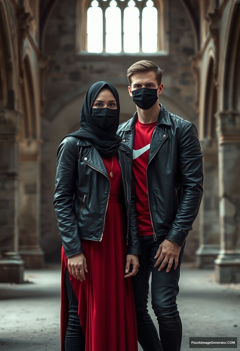 A biggest black hijab girl, beautiful eyes, face mask black, black leather jacket, biggest red longest dress, not tall,

Jamie Dornan, handsome, face mask black, fit and tough body, Nike red t-shirt, black leather jacket, jeans, tall man, leaning against the wall together.

Hyper realistic, photorealistic, studio photography, Victoria's abandoned castle, gloomy.