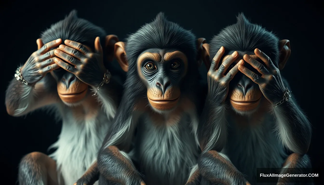 masterpiece, best quality, (octane render, cinematic CGI:1.4), intricate detail, beautiful three wise monkeys who are sitting down, embodying the proverbial principle "see no evil, hear no evil, speak no evil". The three monkeys are Mizaru, covering his eyes with two hands, who sees no evil; Kikazaru, covering his ears with two hands, who hears no evil; and Iwazaru, covering his mouth with two hands, who speaks no evil, (extreme closeup:1.2), (looking at the viewer:1.1), from the front, soft light, low key light, dark mood, (glossy black chimp monkeys:1.2), detailed face, gaunt face, skin pores, detailed skin, intense eyes, (real skin detail:1.2), skin pores, detailed hair, detailed eyes, (depth of field:1.3), (dark background:1.2), sharp contrast, sharp detail, high contrast shadows.