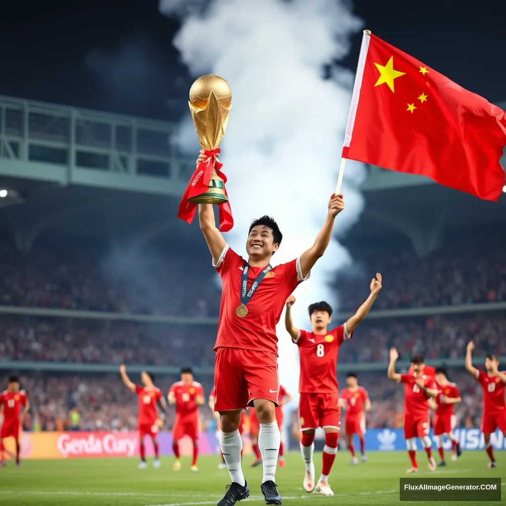 The Chinese soccer team won the World Cup, lifted the Hercules Cup and waved the five-star red flag, real. - Image