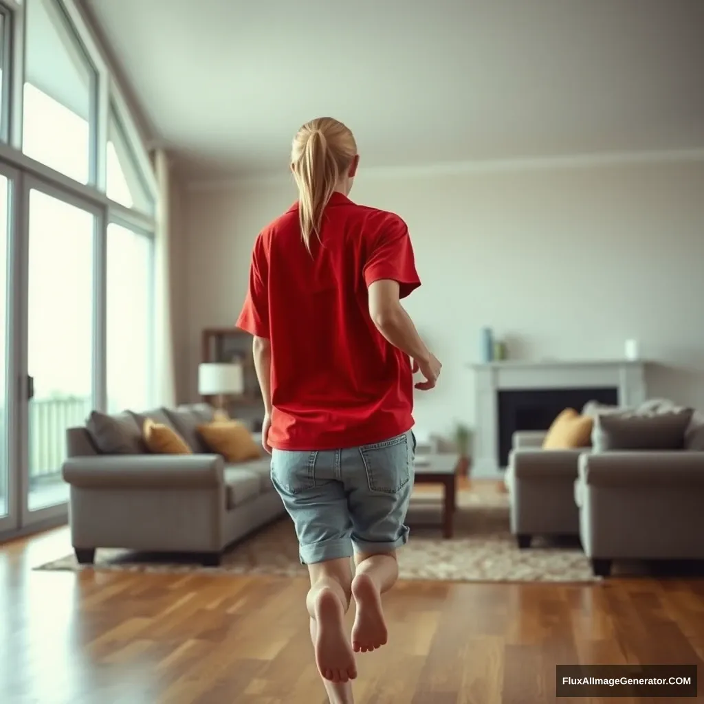 Back angle of a skinny blonde woman in her huge living room, wearing a massively oversized red polo t-shirt that hangs awkwardly off one shoulder, along with oversized light blue denim shorts that aren't rolled up. She has no shoes or socks on and faces the camera as she gets off her chair and runs towards it. - Image