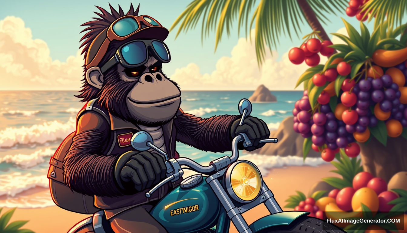 cartoon gorilla dressed like a biker, riding by the ocean with fruit all around him. vibing - Image