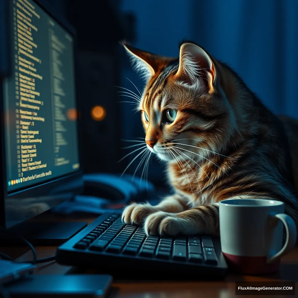 A tabby cat intently focused on a glowing computer screen, paws typing on an ergonomic keyboard. Hyper-realistic fur texture, whiskers catching light. Cluttered desk with coffee mug, lines of code reflected in the cat's eyes. Ambient soft blue light, midnight atmosphere. Surreal yet detailed scene.