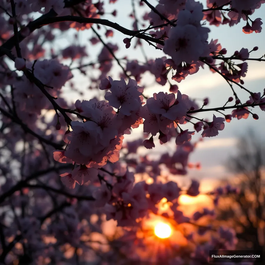 "Cherry blossom trees bloom, sunset afterglow, dream."