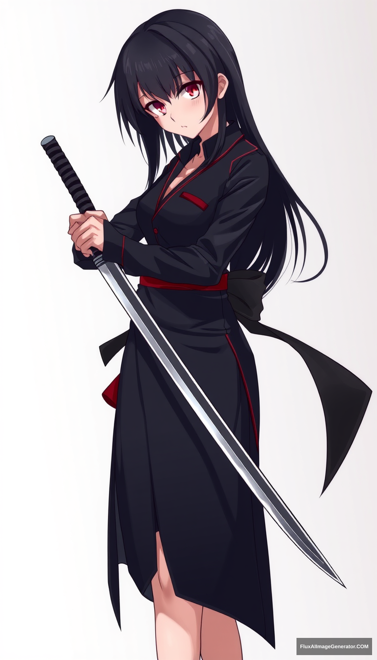 Anime style is important. Seinen style anime. Should look like an assassin with a gradient background. Holding one sharp sword. Black hair, red eyes. And should be a full body drawing. Should include legs. Hold sword straight on. Girl. Single side sword. Correct hand anatomy.