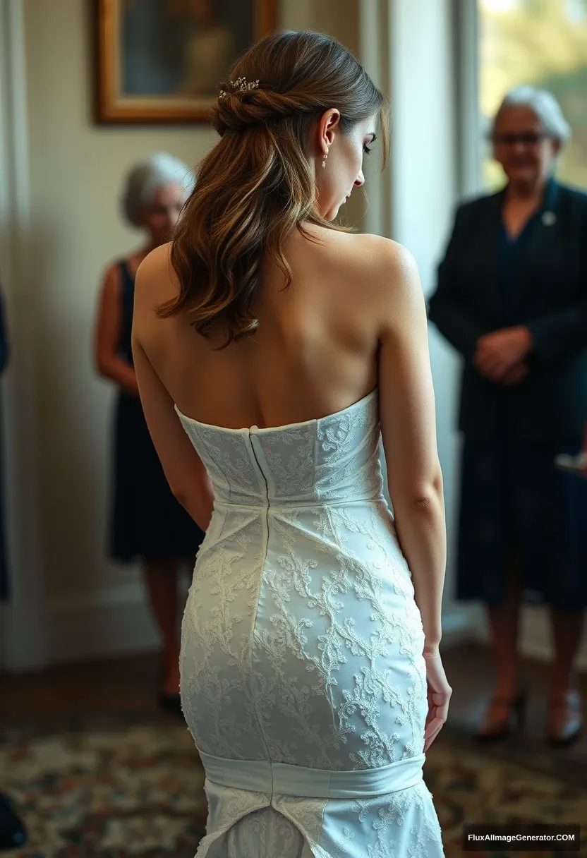 A short young woman, sensitive, delicate, ashamed, wearing a backless, strapless, side-less, low-waisted, open-back contouring wedding dress that's starting to come undone, in front of elder patriarchy, expectations, anticipation.