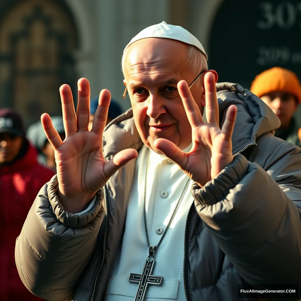 Catholic Pope Francis wearing a Balenciaga puffy jacket in a drill rap music video, making gang signs with his hands, taken using a Canon EOS R camera with a 50mm f/1.8 lens, f/2.2 aperture, shutter speed 1/200s, ISO 100 and natural light, Full Body, Hyper Realistic Photography, Cinematic, Cinema, Hyperdetail, UHD, Color Correction, HDR, color grading, hyper realistic. Keep the fingers of the hand count at 5.