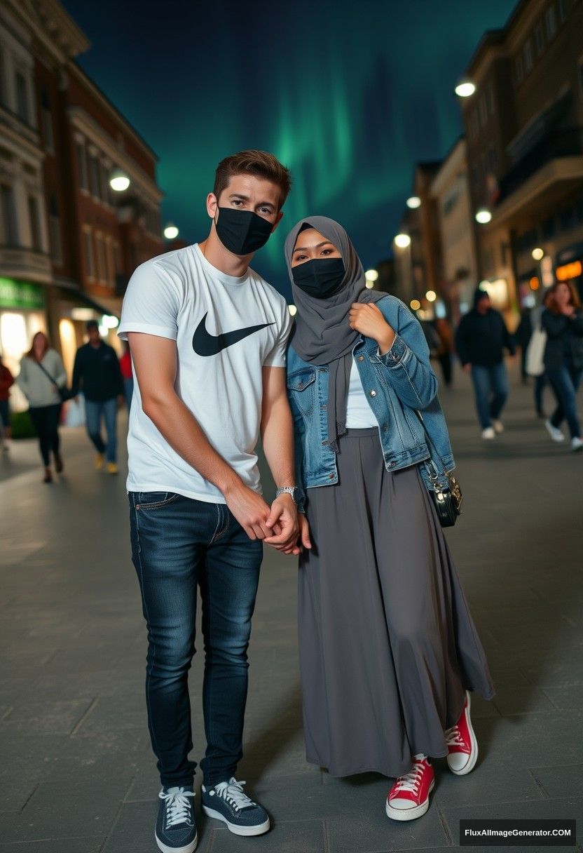 Jamie Dornan, handsome, black face mask, white Nike t-shirt, jeans, sneakers, dating romantically with a grey hijab-wearing Muslim girl, beautiful eyes, black face mask, jeans jacket, very long and big skirt, not a tall girl, red sneakers, holding hands, in town, black glasses, photorealistic, street photography, full photography, selfie photos, night scenery, aurora. - Image