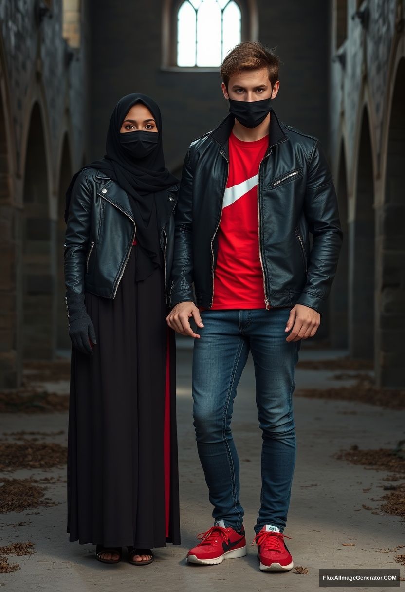 A big black hijab girl with beautiful eyes, wearing a black face mask, in a black leather jacket and the longest red dress, not very tall, standing near him and in love, holding his arm.

Jamie Dornan, handsome, the youngest, wearing a black face mask, with a fit and tough body, in a red Nike t-shirt, black leather jacket, jeans, and red sneakers, a tall man standing near her.

Hyper-realistic, photorealistic, studio photography, Victoria's abandoned castle, gloomy. - Image