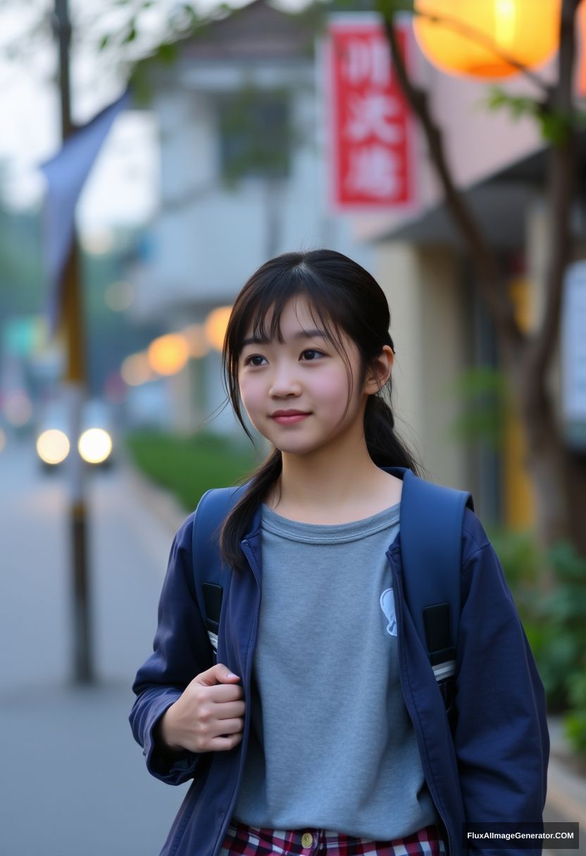 "A high school girl on her way home from school, in the evening, Chinese." - Image