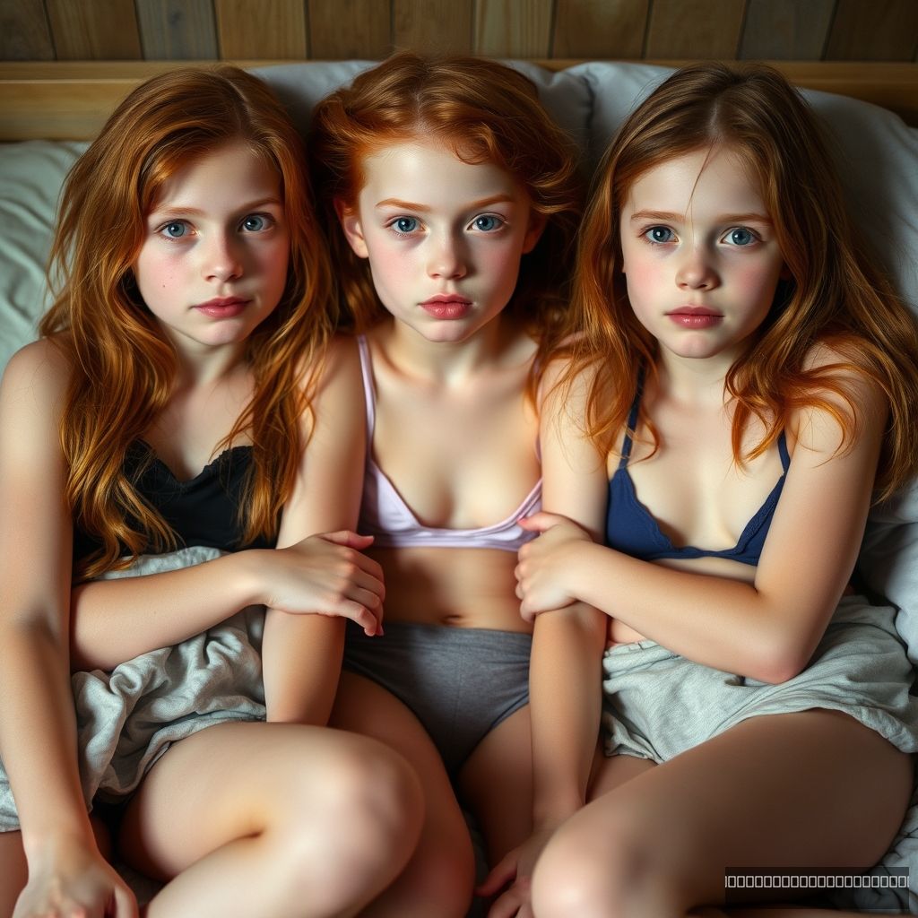 Photograph of redheaded girls having a sleepover, indecent photo, clothing missing.