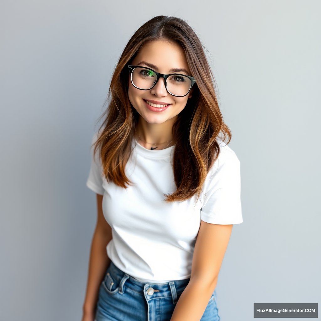 Beautiful 23-year-old woman with shoulder-length brown hair, wearing a fitted white t-shirt, tight low-cut worn blue jeans, and white Nike sneakers, with trendy black-framed clear glasses and a cute smiling face featuring a cool neck tattoo. - Image