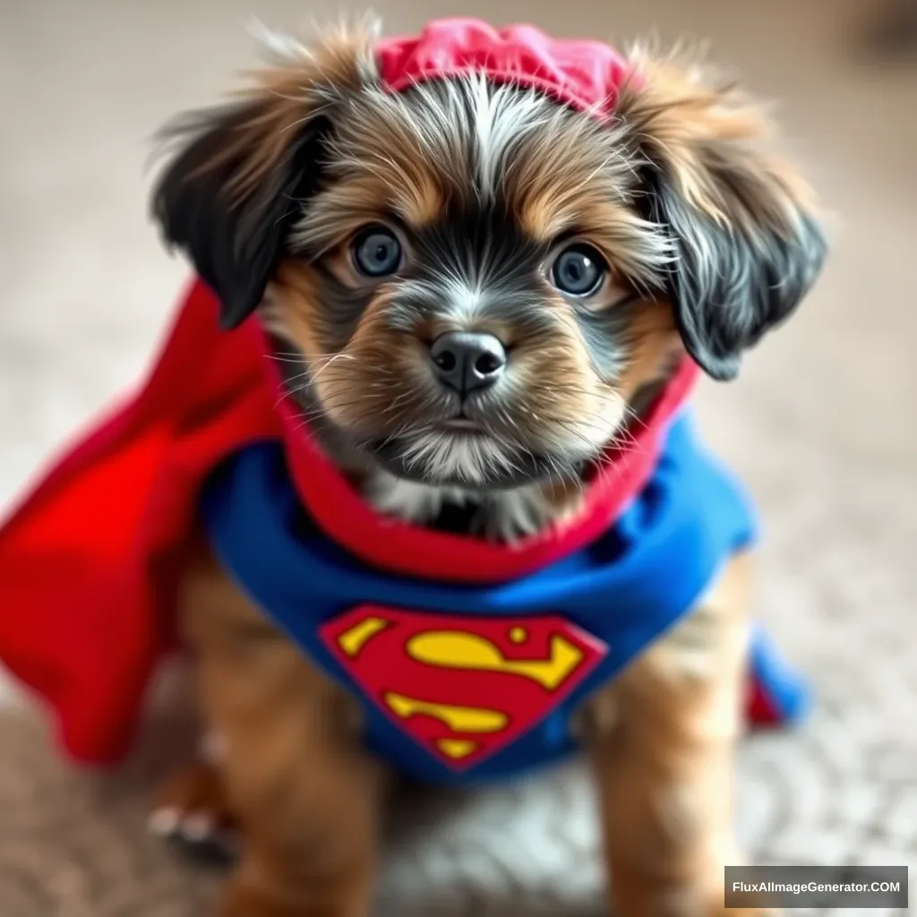 The puppy is dressed up as Superman. - Image