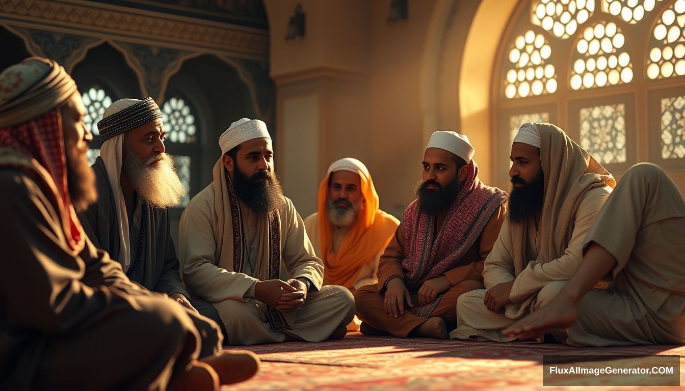 A group of Muslims discussing in Ultra HD, realistic, educational, with warm and cinematic lighting.