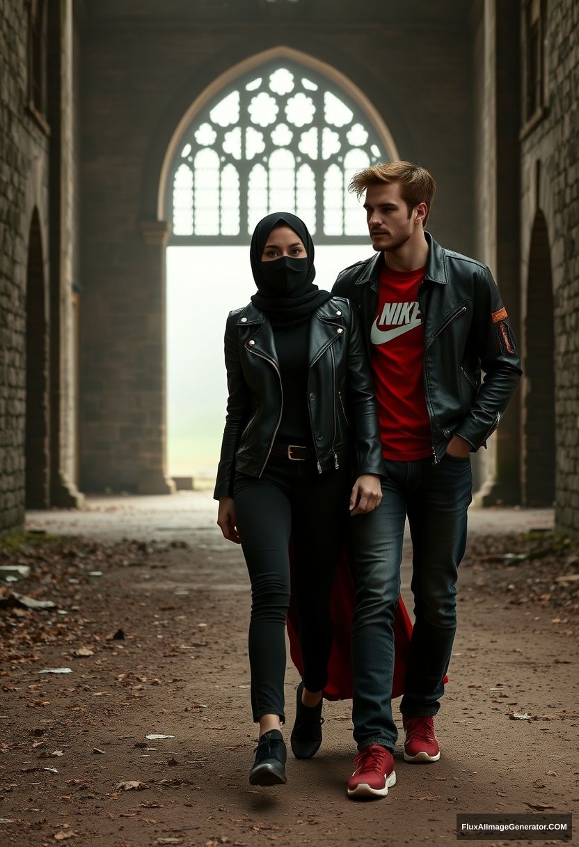 A biggest black hijab girl, beautiful eyes, face mask black, black leather jacket, biggest red longest dress, not tall, walking near him and love, love couple

Jamie Dornan, handsome, youngest, face mask black, fit and tough body, Nike red t-shirt, black leather jacket, jeans, red sneakers, tall man, walking near her, love couple

Hyper realistic, photorealistic, studio photography, exploring Victoria's abandoned castle, gloomy. - Image