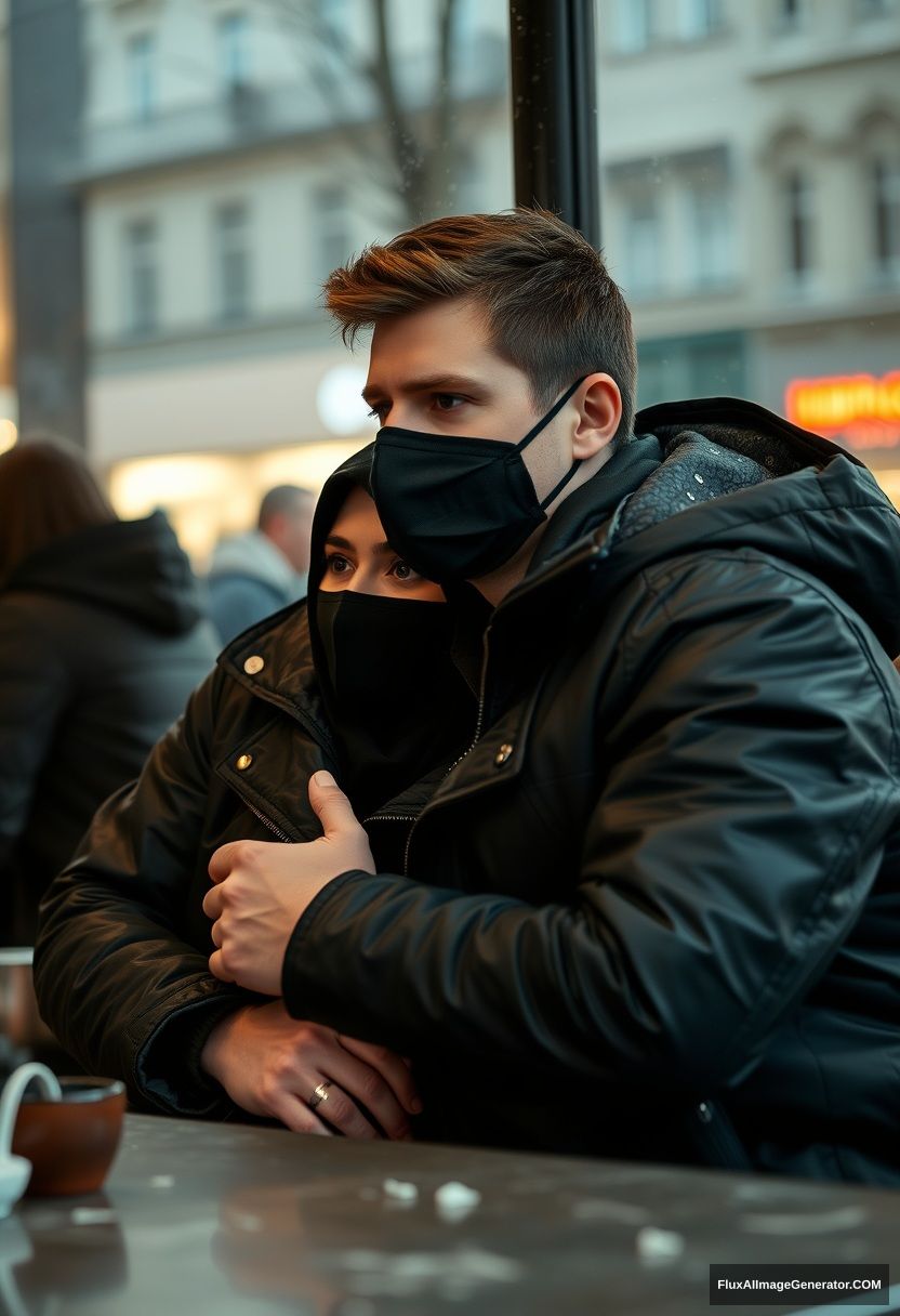 Jamie Dornan, handsome, young, black face mask, snow jacket, jeans, dating a beautiful Muslim girl in a big black hijab, with beautiful eyes, wearing a black face mask and a black leather jacket, in winter scenery, sitting in a café near a glass window in town, gloomy, photorealistic, street photography.