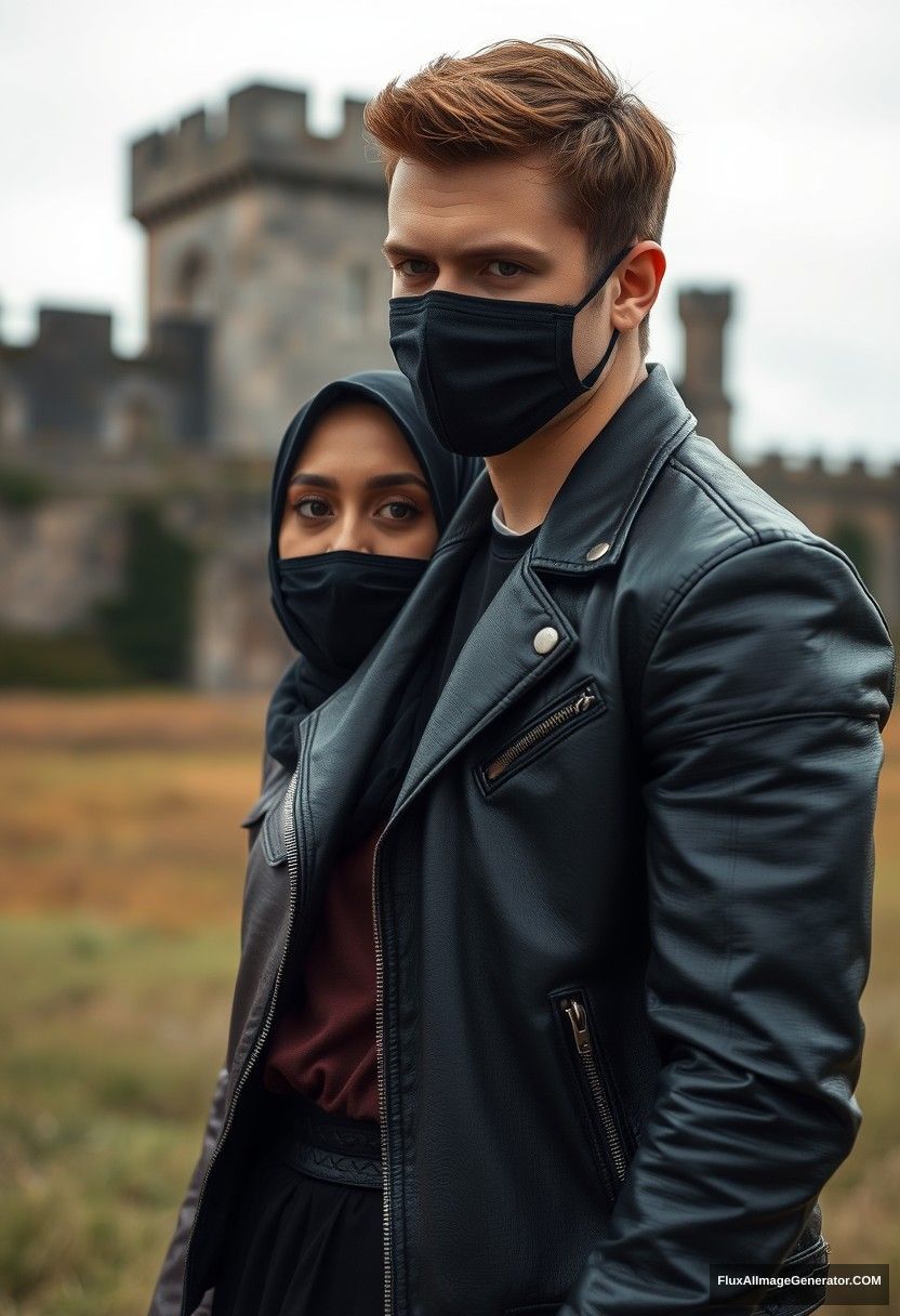 Jamie Dornan's head and body shot, handsome, face mask black, black leather jacket, dating, love with the biggest black hijab Muslim girl, beautiful eyes, face mask, maroon leather jacket, biggest black skirt, hyper-realistic, studio photography, full body photo, explore at an abandoned castle.