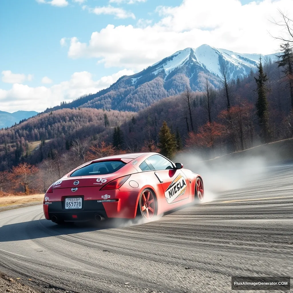 Create an image of a Nissan 350z drifting on a Japanese mountain. - Image