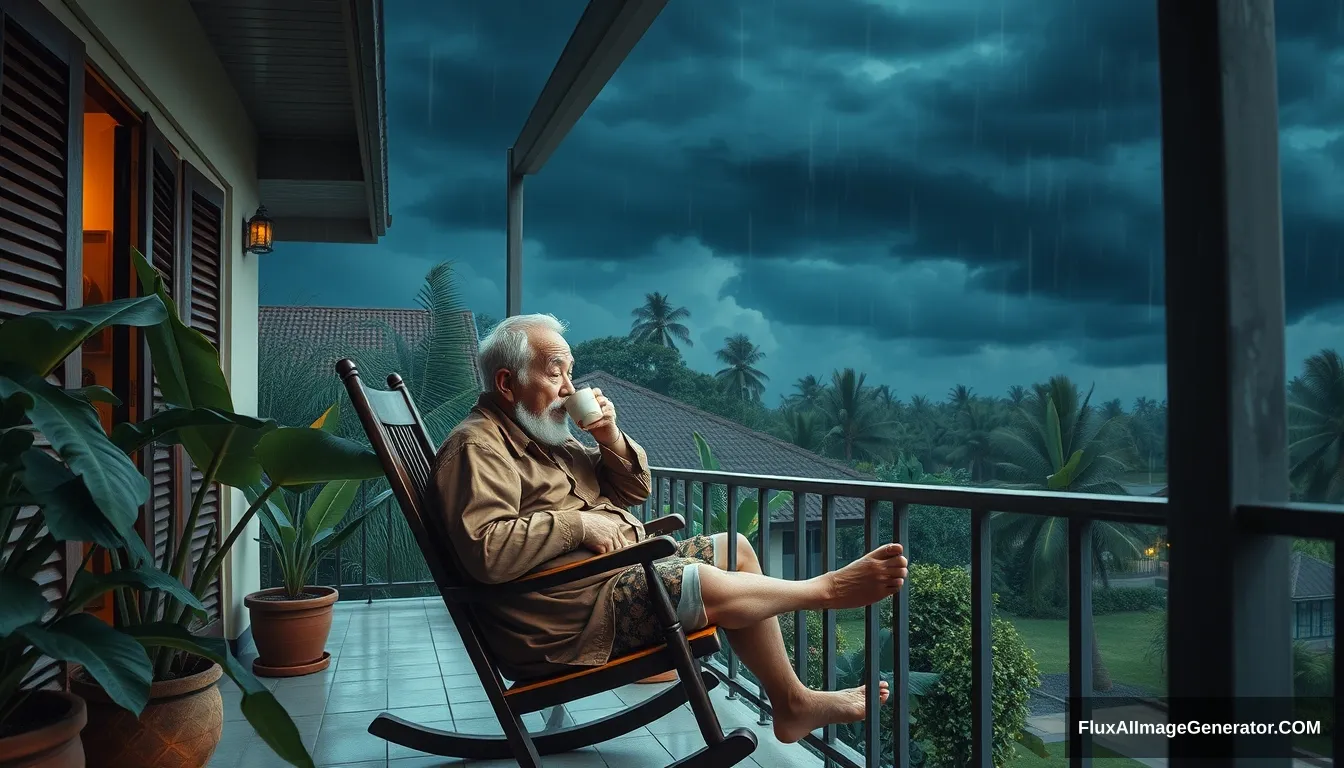 the style of Hirohiko Araki Kubrick, Image of a 60-year-old Thai grandfather, handsome and handsome Sitting on a rocking chair, sipping hot coffee, chilling on the balcony of a house in Chonburi, enjoying the morning atmosphere with dark blue clouds, cool wind in front of the house, with a garden, banana trees, coconut trees, heavy rain atmosphere, Oil painting, sharp 3d, 40k