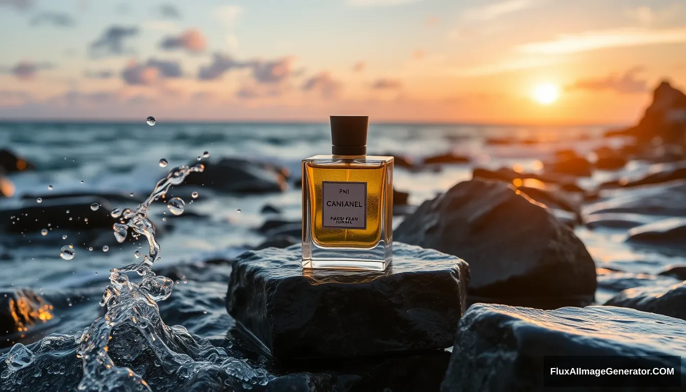 product shot, perfume bottle square sitting on beautiful rocks with setting sun and sea in background, water splash underneath and droplets swirling in air.