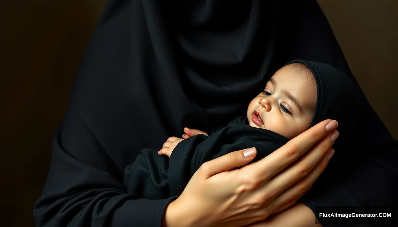 A pious woman is holding a baby boy, her palms covered in black cloth, wearing a long niqab, her neck covered by a perfect hijab, full body, oil painting.