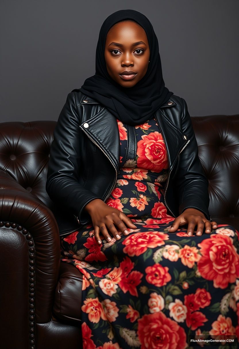 A big black hijab girl, with beautiful eyes, wearing a black leather jacket and a large floral long dress, sitting on a leather single sofa, hyper-realistic, studio photography.