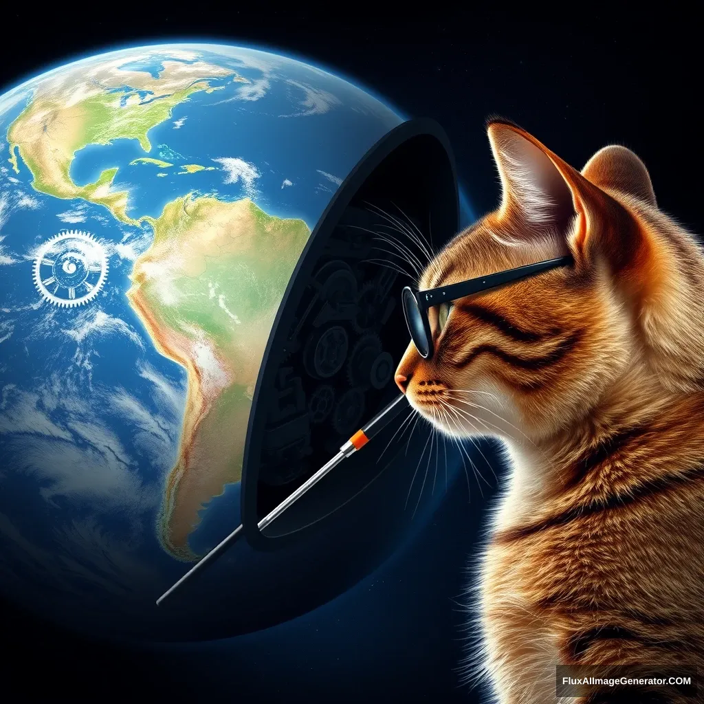 Realistic style, a tabby cat wearing glasses, facing a planet that resembles Earth. The planet's surface shows detailed oceans and landmasses. A section of the planet, resembling a car hood, is lifted to reveal a complex structure of gears and circuits inside. The cat is holding a screwdriver and appears to be repairing it.