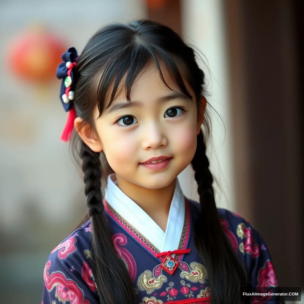 Photo of a cute Korean girl in a hanbok, with a defocused background.