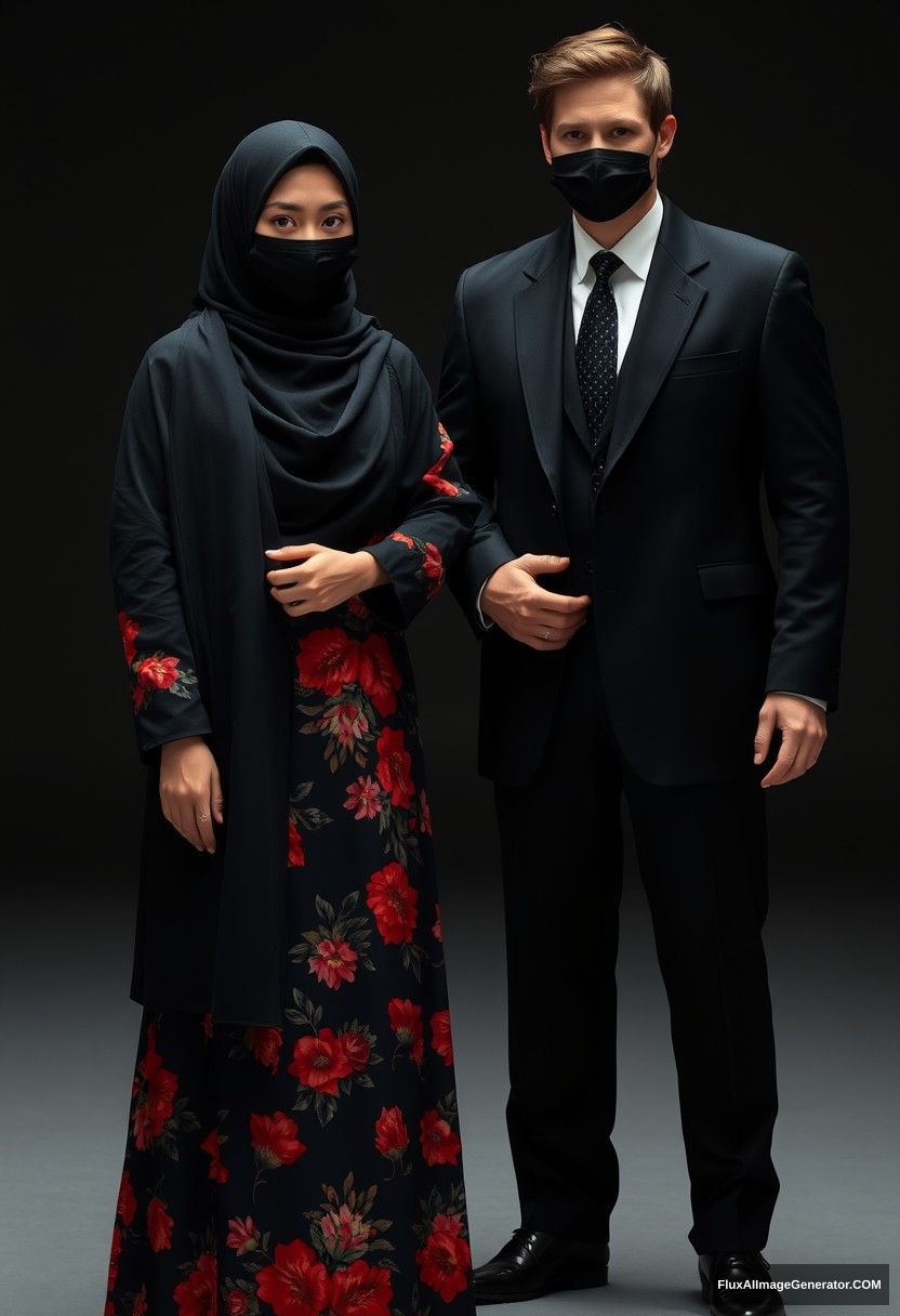 A biggest black hijab girl, beautiful eyes, face mask black, biggest red floral longest gown dress, untall, standing near him, love hold his arm,

Jamie Dornan body and face shot, handsome, youngest, face mask black, black coat suit, white shirt, black pattern tie, tall man, love standing near her,

Hyper realistic, studio photography, photorealistic.