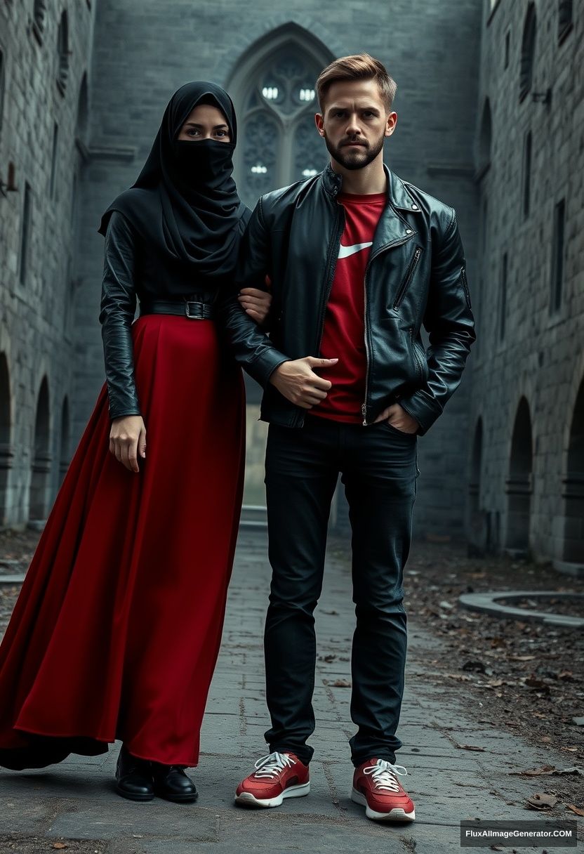 A biggest black hijab girl, beautiful eyes, face mask black, black leather jacket, biggest red longest dress, untall, standing near him and love, holding his arm,

Jamie Dornan, handsome, youngest, face mask black, fit and tough body, Nike red t-shirt, black leather jacket, jeans, red sneakers, tall man, standing near her

Hyper realistic, photorealistic, studio photography, Victoria's abandoned castle, gloomy.