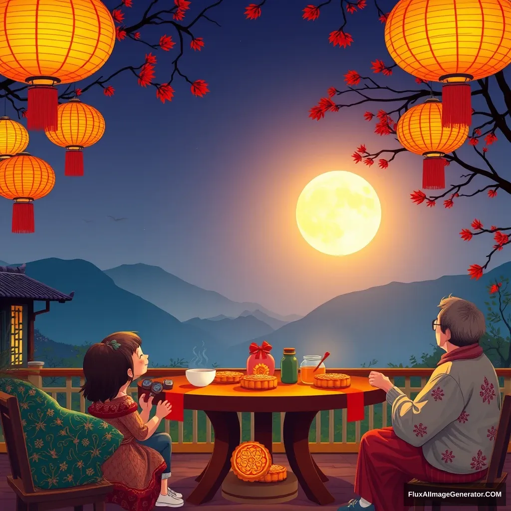 On the evening of the Mid-Autumn Festival, the family sat around the outdoor round table, watching the full moon in the sky while eating moon cakes. - Image