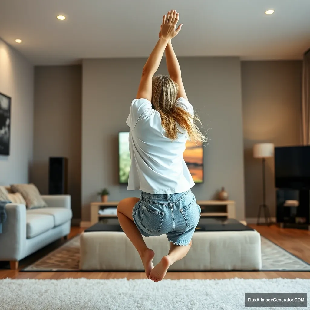 Side view angle of a blonde skinny woman who is in her massive living room wearing a massively oversized white T-shirt that is also very off balance on one of the sleeves for the shoulders, and wearing oversized light blue denim shorts that aren’t rolled up. She is wearing no shoes or socks, facing her TV and diving head first into it with both her arms raised below her head and her legs high up in the air, at a 60-degree angle.