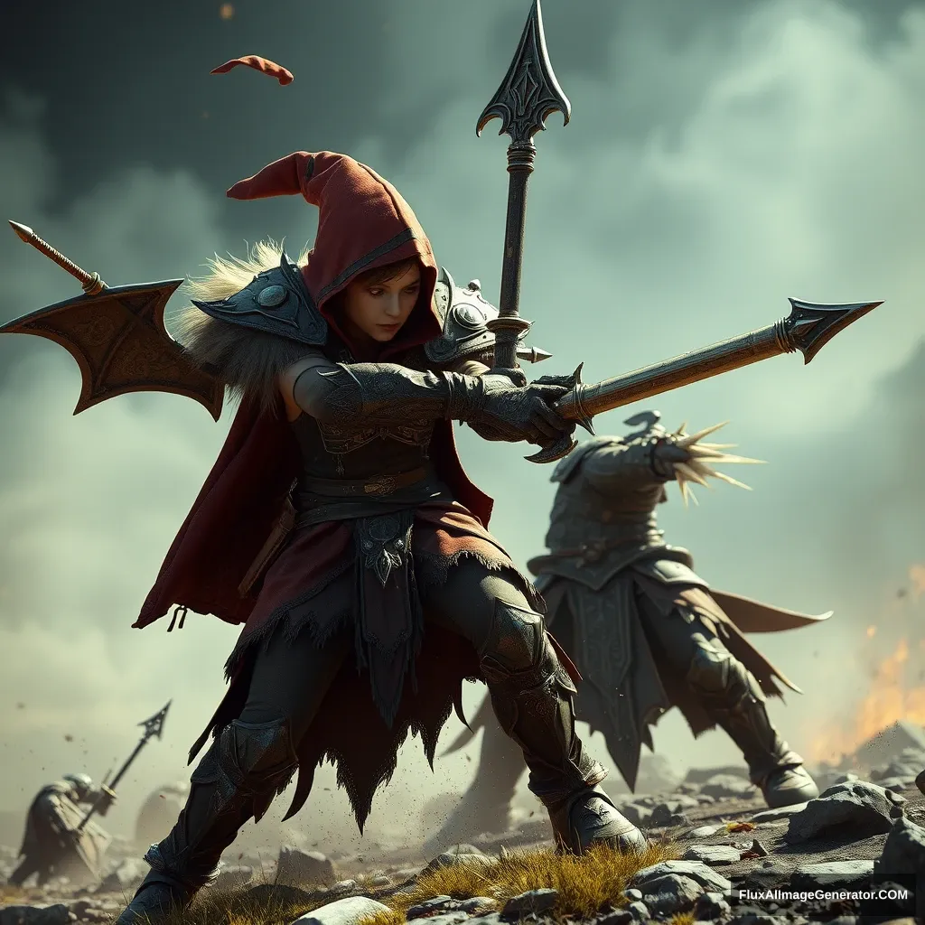 A girl elf wizard is attacking an orc knight, in a Warhammer 4000 style, hyper-realistic photo, 8K, Unreal Engine.