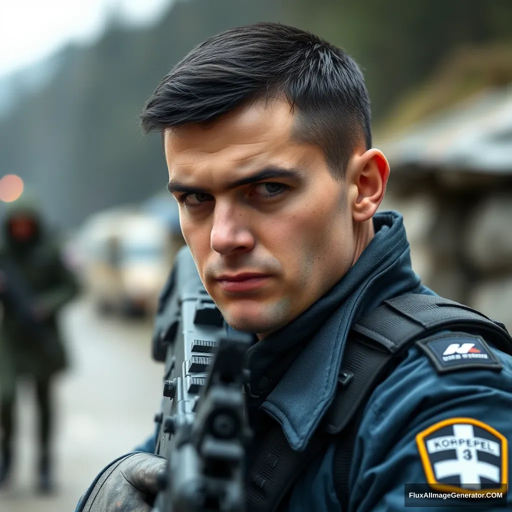 Swiss border guard, shootout against smugglers, rank sergeant, his name is Köppel, ultra 4K real, black hair without head, blue uniform. - Image