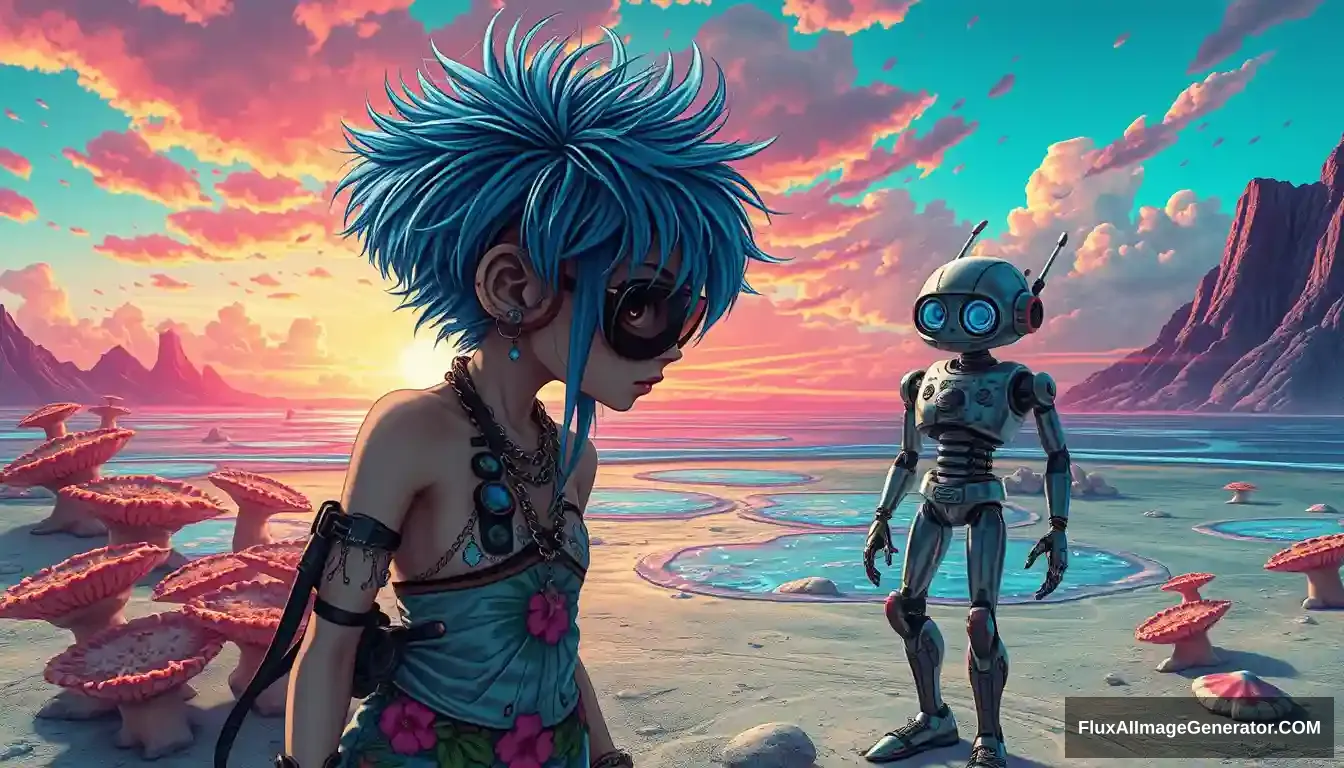 Photo: A scene features a punk girl with electric blue spiky hair rendered in the intricate style of Enki Bilal, beside a charming retro-futuristic robot in Hawaiian shorts, on a surreal alien beach adorned with iridescent fungi and shimmering lakes, all beneath a vibrant, dreamlike sky.