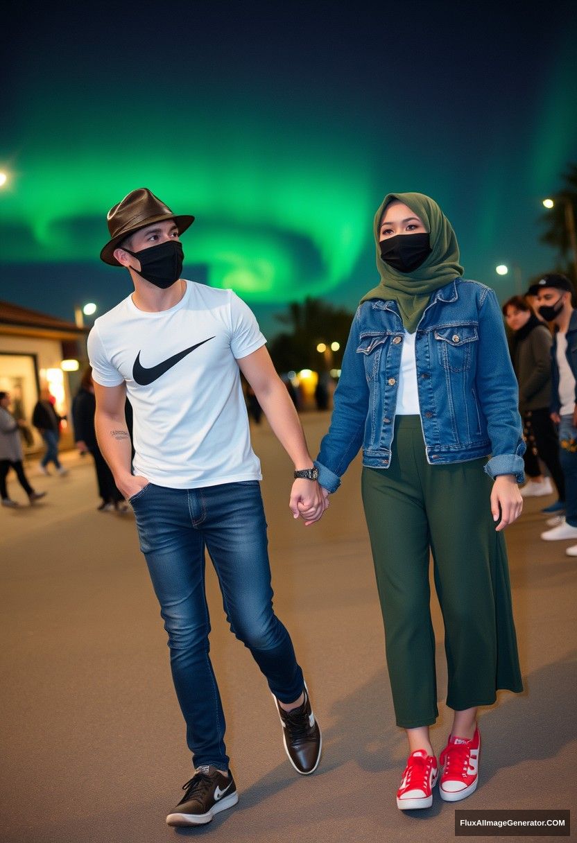 Jamie Dornan, handsome, leather hat, black face mask, white Nike T-shirt, jeans, sneakers, dating romantically with a Muslim girl in army green hijab, beautiful eyes, black face mask, denim jacket, longest skirt, not a tall girl, red sneakers, holding hands, photorealistic, street photography, full photography, selfie photos, night scenery, aurora. - Image