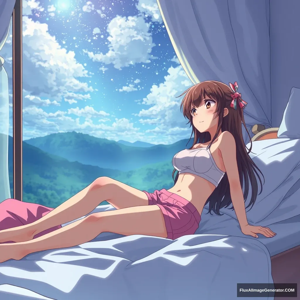 An anime character lying on the bed, looking at the ceiling, female, 32K UHD, 1990s, majestic pose, scenery, full body, pink shorts. - Image