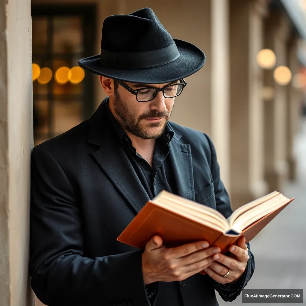 A man in a black fedora reading a book - Image