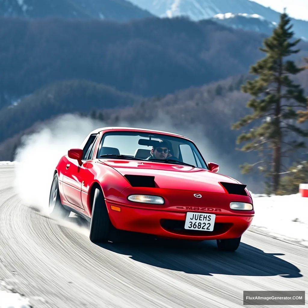 Create an image of a red 1991 Mazda Miata drifting on a Japanese mountain. - Image